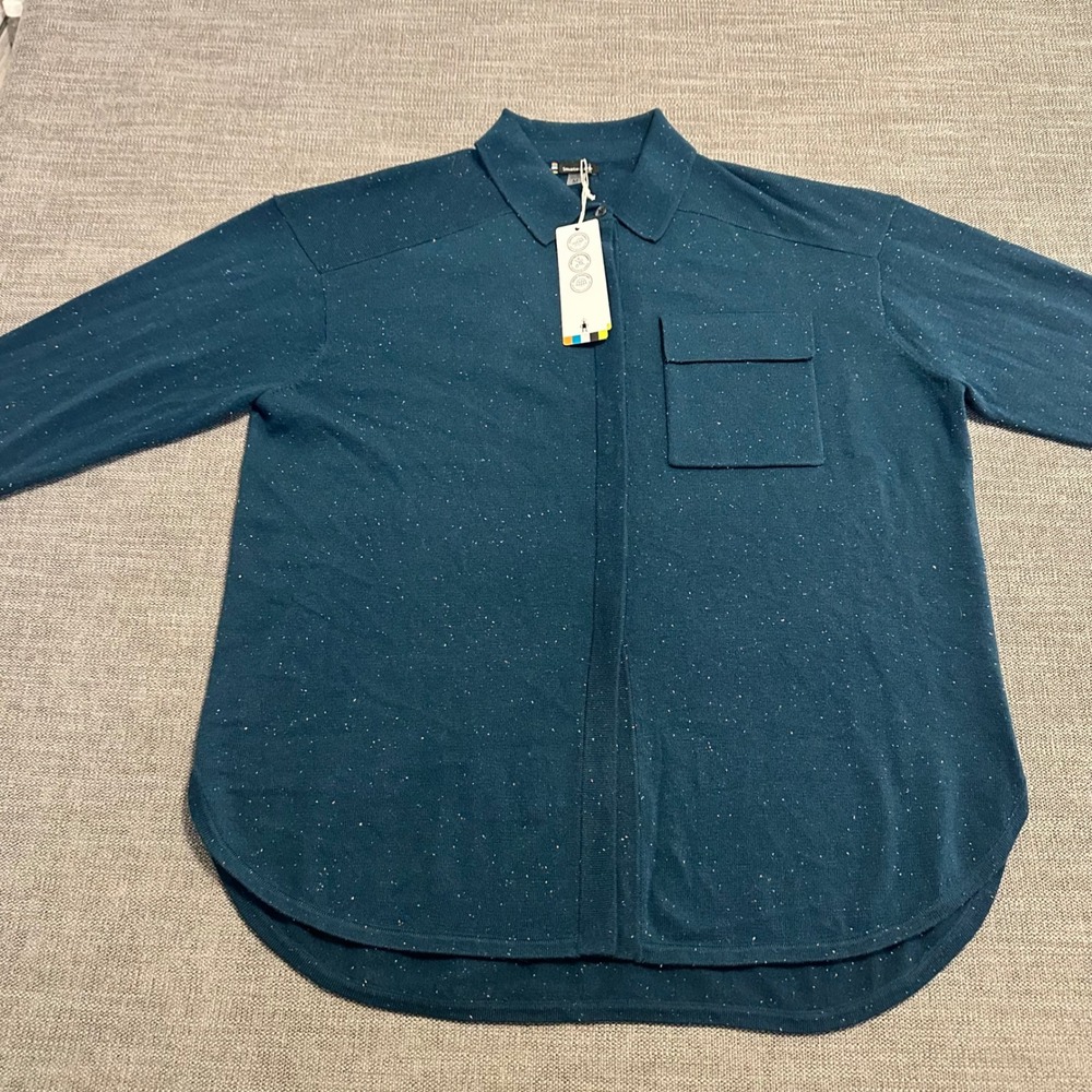Smartwool Button Down Shirt Womens Medium Teal Blue NEW Speckled Merino Wool